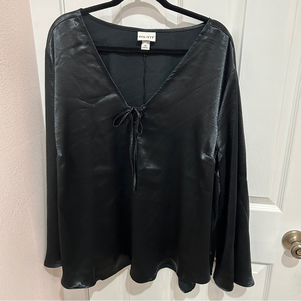 Black satin tie front blouse